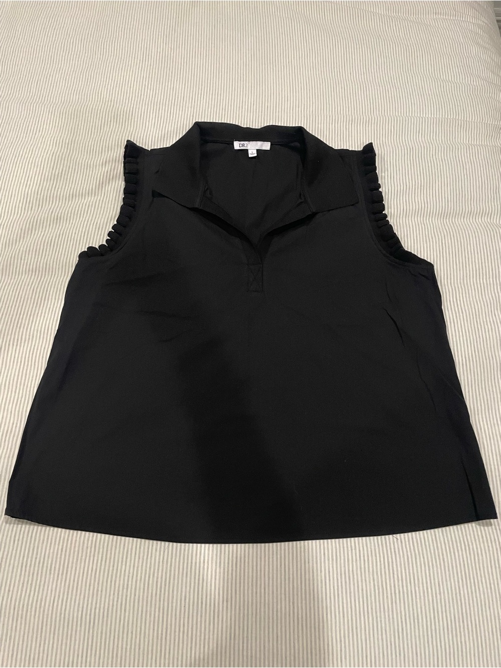 DR2 Black Sleeveless Polo Top with Ruffle Trim